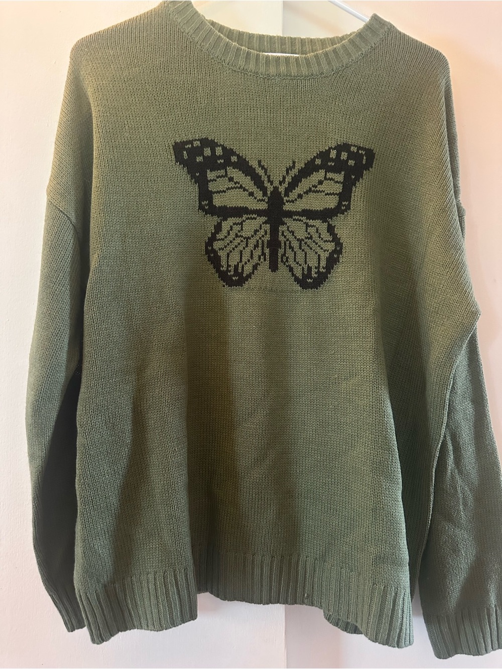 Just Polly New York Olive Green Butterfly Crewneck Sweater - Aesthetic